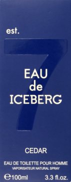Granatowe opakowanie Iceberg Eau de Iceberg Cedar, męskiej wody toaletowej 100ml, z białym napisem i dużym numerem 7.