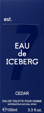 Woda toaletowa dla mężczyzn Iceberg Eau de Iceberg Cedar 100ml, granatowe opakowanie z dużą cyfrą 7.