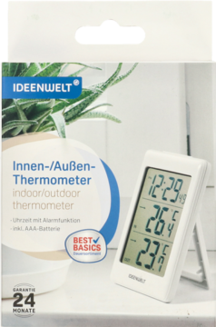 Biały cyfrowy termometr IDEENWELT do wnętrz i zewnątrz w opakowaniu detalicznym, z dużym wyświetlaczem czasu i temperatury.