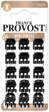 15 czarnych mini klamerek do włosów Franck Provost na tekturowym blistrze, widok z przodu opakowania.
