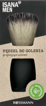 Isana Men pędzel do golenia, sztuczne beżowo-czarne włosie, czarna rączka, widok z przodu w opakowaniu.