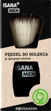 Isana Men pędzel do golenia ze sztucznym włosiem, biało-brązowe włosie, na czarno-beżowym opakowaniu, widok z przodu.
