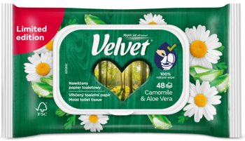 Velvet nawilżany papier toaletowy 48szt. rumianek & aloes, zielone opakowanie z białymi stokrotkami, limitowana edycja.