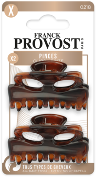 Dwa brązowe, nakrapiane klamry do włosów Franck Provost w blistrze, widok z przodu. Idealne do wszystkich typów włosów.