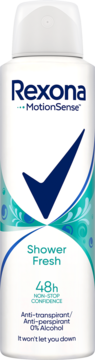 Rexona MotionSense Shower Fresh antyperspirant spray 48h, biała butelka z niebieskim logiem i turkusowymi akcentami, widok z przodu.
