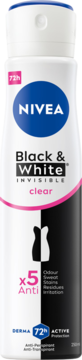 NIVEA Black & White Clear antyperspirant w sprayu, butelka 72h ochrony, biało-czarna etykieta.