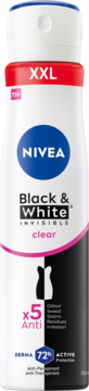 Biały antyperspirant NIVEA Black & White Clear XXL, 72h ochrony, z czarno-różowym dołem, widok z przodu.