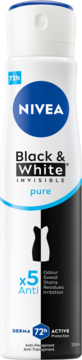 Biało-czarny antyperspirant NIVEA Black & White Pure spray 250ml, widok z przodu. Widoczny napis '72h'.