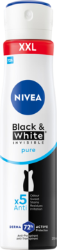 NIVEA Black & White Pure antyperspirant 250ml, biały spray XXL z grafiką sukienki, 72h ochrony, widok z przodu.