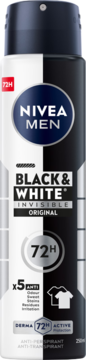 NIVEA MEN Black & White Original antyperspirant spray 72h, pionowo podzielona czarno-biała butelka, widok z przodu.
