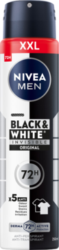 NIVEA MEN Black & White Invisible Original XXL Antyperspirant spray 250ml, czarno-biała butelka, ochrona 72h, przód.
