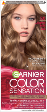 Opakowanie farby Garnier Color Sensation 7.0 Delikatny Blond, modelka z falowanymi włosami, fade-resist technology, przód.