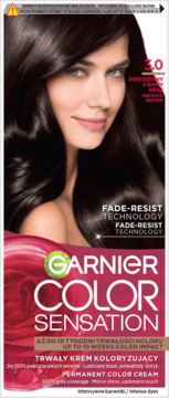 Front opakowania Garnier Color Sensation trwałej farby do włosów 3.0 Prestige Brown z modelką i tekstem o odporności na blaknięcie.