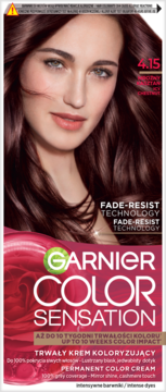 Garnier Color Sensation 4.15 Permanent Color Cream, na opakowaniu modelka z lśniącymi, kasztanowymi włosami.