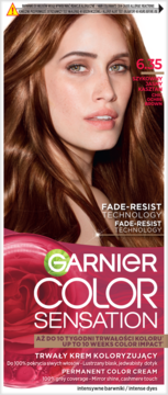 Garnier Color Sensation 6.35, trwała farba do włosów z fade-resist, kobieta z rudobrązowymi włosami na opakowaniu.