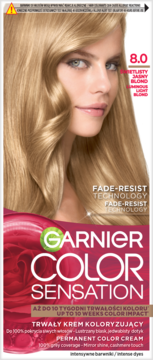 Opakowanie trwałej farby do włosów Garnier Color Sensation 8.0 Jasny Blond z modelką, widok z przodu.