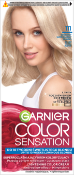 Garnier Color Sensation 111 Luminous Blonde farba do włosów. Opakowanie z modelką, efekt anti-yellow, blask.