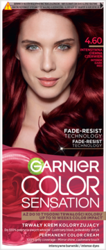 Garnier Color Sensation 4.60 Intensywna Czerwień, opakowanie farby do włosów z modelką i logo.