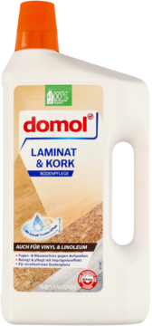 Biała butelka domol do laminatu i korka 1000 ml, pomarańczowa nakrętka, front, etykieta drewnopodobna.
