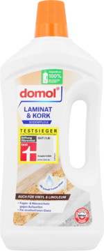 domol Preparat do pielęgnacji laminatu i korka 1000 ml, biała butelka z pomarańczową nakrętką, 100% recyklingu.