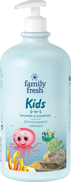 Błękitna butelka Family Fresh Kids 2-w-1 Shower & Shampoo z pompką, ozdobiona wesołą meduzą i rybką.