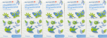 Pięć białych paczek chusteczek higienicznych Europrofit, 3-warstwowych, z niebiesko-zielonym wzorem, widok z przodu.