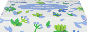 Opakowanie chusteczek uniwersalnych 100% celuloza, z botanicznym wzorem liści i kwiatów. Widok z góry.