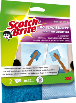 Zielono-fioletowe opakowanie Scotch-Brite z 2 niebieskimi mikrofibrami do szyb 30x32 cm, ilustracja mycia okna.