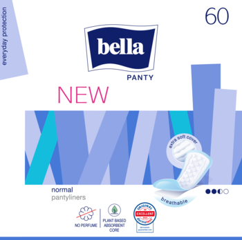 Białe opakowanie Bella Panty normal wkładek higienicznych, 60 sztuk, z wyróżnioną oddychającą wkładką. Widok z przodu.