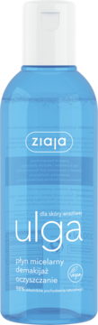 Ziaja Ulga płyn micelarny dla skóry wrażliwej w przezroczystej butelce o niebieskim płynie, ujęcie frontalne.