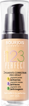 Lekko matujący podkład Bourjois 123 Perfect z 3 pigmentami, beżowy, w szklanej butelce z pompką, widok z przodu.