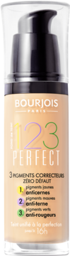 Podkład Bourjois 123 Perfect w szklanej butelce z pompką, beżowy, z kolorowymi symbolami korekcyjnymi.