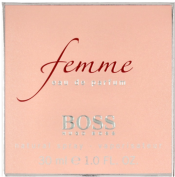 Jasnoróżowe opakowanie Hugo Boss Femme Eau de Parfum 30 ml, widok z przodu, z napisem femme i logo BOSS.