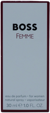 Perfumy BOSS Femme w prostokątnym białym opakowaniu z czerwonym obramowaniem, widok z przodu, 30 ml.