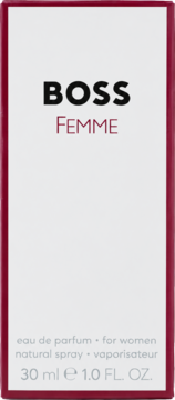Przednia strona białego pudełka perfum BOSS Femme EDP 30 ml, z bordową ramką i czarnym logo.
