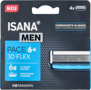 ISANA MEN Pace 6+ 3D Flex, 4 wkłady do maszynki z 6 ostrzami, czarne opakowanie, przód.