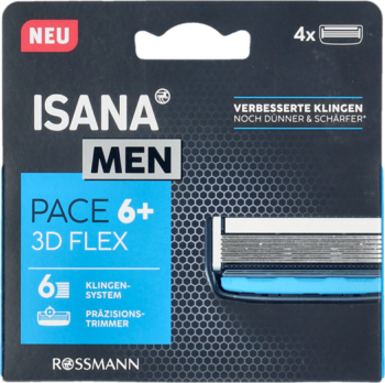 ISANA MEN Pace 6+ 3D Flex, 4 wkłady do maszynki z 6 ostrzami, czarne opakowanie, przód.