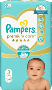 Pampers Premium Care pieluchy, turkusowe opakowanie ze złotym logo, rozmiar 3 (6-10 kg), widok z przodu z uśmiechniętym dzieckiem.