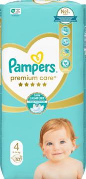 Opakowanie pieluszek Pampers Premium Care, rozmiar 4 (9-14kg), widok z przodu, z dzieckiem i sercem.
