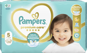 Pampers Premium Care pieluszki dla wrażliwej skóry, r. 5 (44 szt.), jasnoniebieskie opakowanie z dzieckiem, przód.