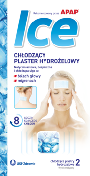 Opakowanie Apap Ice chłodzący plaster hydrożelowy, białe, widok z przodu, kobieta z plastrem na czole.