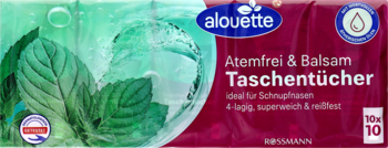 Alouette chusteczki higieniczne z balsamem, miętowe, 10x10 szt. Opakowanie z liśćmi na zielono-fioletowym tle.