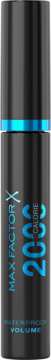Czarny tusz do rzęs Max Factor 2000 Calorie Waterproof Volume, cylindryczna tuba z niebieskimi detalami, widok z przodu.