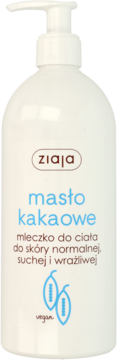 Ziaja Masło Kakaowe mleczko do ciała dla skóry normalnej, biała butelka z pompką, widok z przodu.