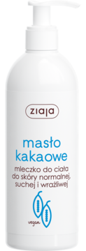Białe mleczko do ciała Ziaja Masło Kakaowe z pompką, widok z przodu. Wegańskie, do skóry normalnej, suchej, wrażliwej.