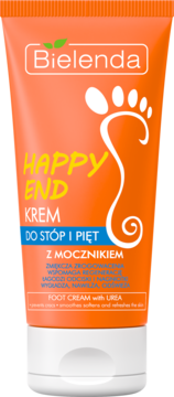 Bielenda Happy End krem do stóp z mocznikiem. Pomarańczowa tubka, białe napisy i grafika stopy, widok z przodu.