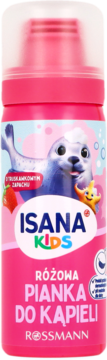Isana Kids Różowa Pianka do Kąpieli, truskawkowa, różowa butelka z foczką i gwiazdką, widok z przodu.