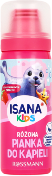 Isana Kids Różowa Pianka do Kąpieli, truskawkowa, różowa butelka z foczką i gwiazdką, widok z przodu.