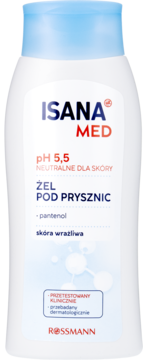 Biała butelka żelu pod prysznic Isana Med pH 5.5 do skóry wrażliwej z niebieską nakrętką, widok z przodu.