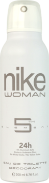 Biały dezodorant Nike Woman Eau De Toilette w sprayu, widok z przodu, z szarym napisem 24h.